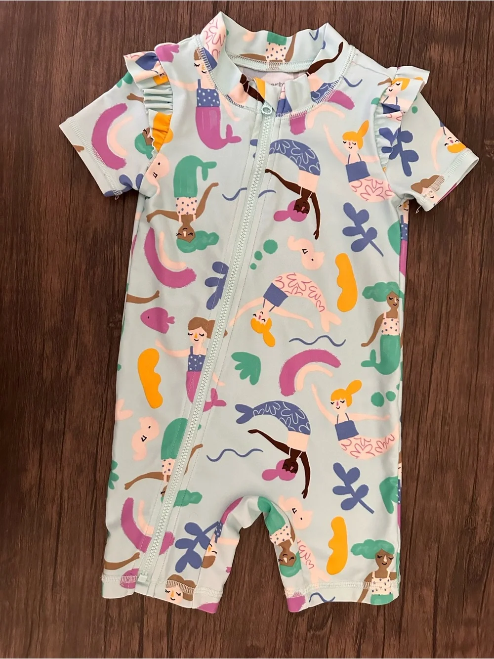 Carter's Mint Mermaid Print Zip-Front One-Piece with Ruffles